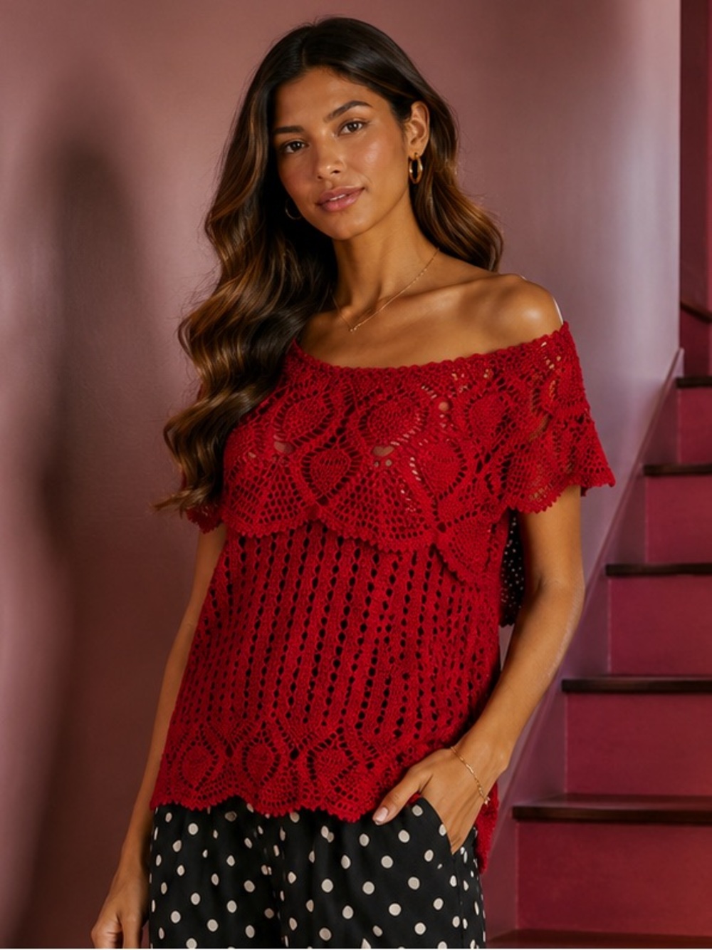 38. Red Crochet Off-Shoulder Top